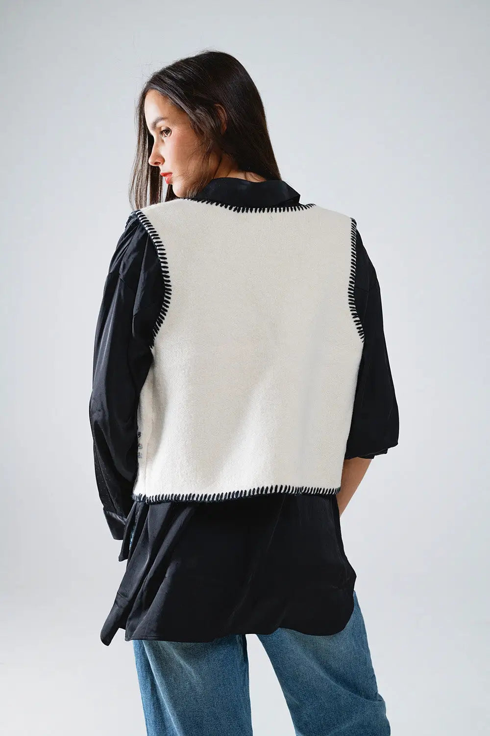 Firework Embroidered Vest In White With Black Trim - One Size / White - Sweaters