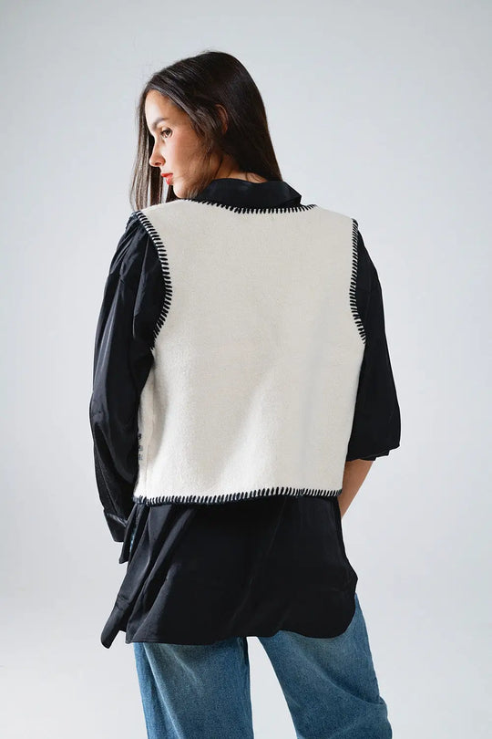 Firework Embroidered Vest In White With Black Trim - One Size / White - Sweaters
