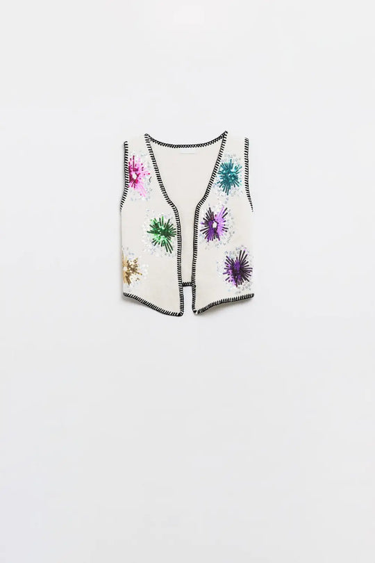 Firework Embroidered Vest In White With Black Trim - One Size / White - Sweaters
