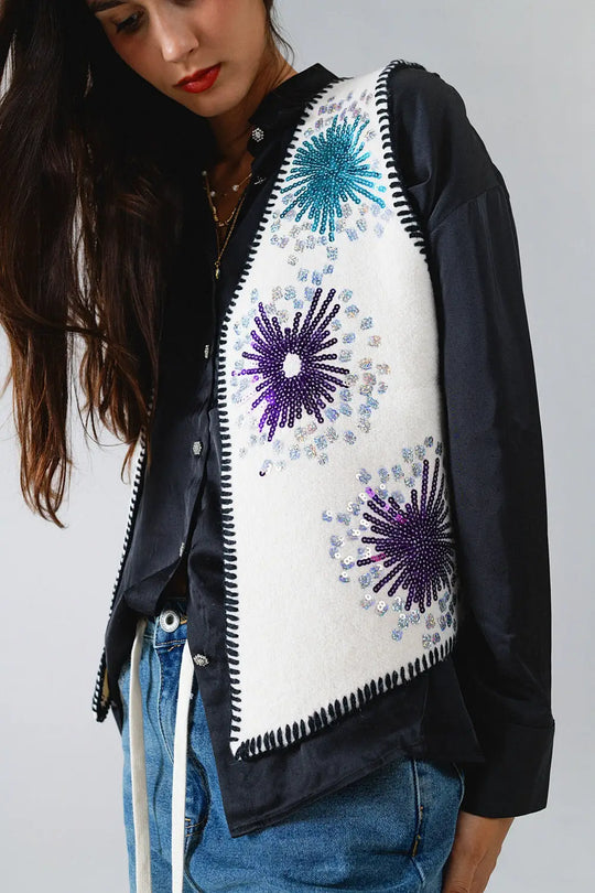 Firework Embroidered Vest In White With Black Trim - One Size / White - Sweaters
