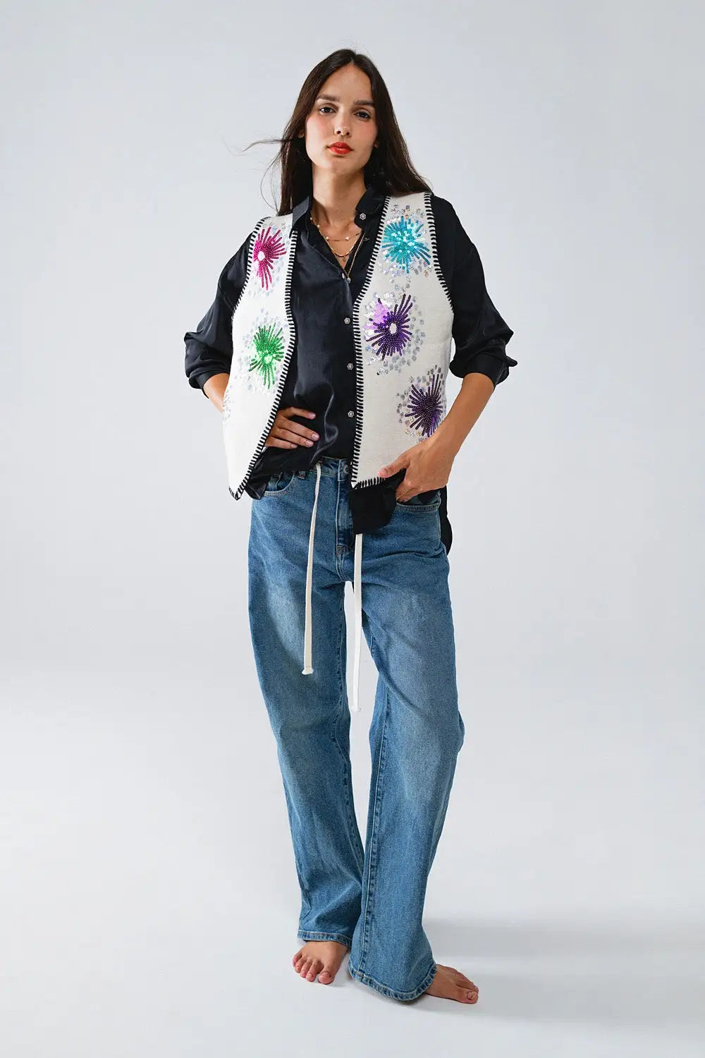 Firework Embroidered Vest In White With Black Trim - One Size / White - Sweaters