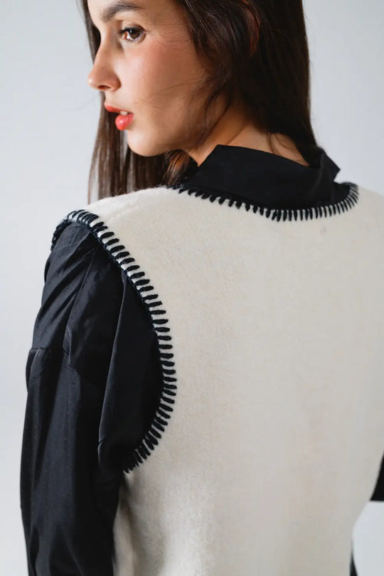 Firework Embroidered Vest In White With Black Trim - One Size / White - Sweaters