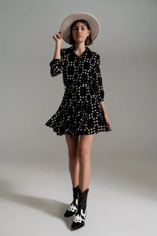 Fit and Frill Polka Dot Dress With Voluminous Sleeves in Black - Dresses