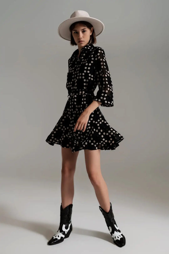 Fit and Frill Polka Dot Dress With Voluminous Sleeves in Black - Dresses