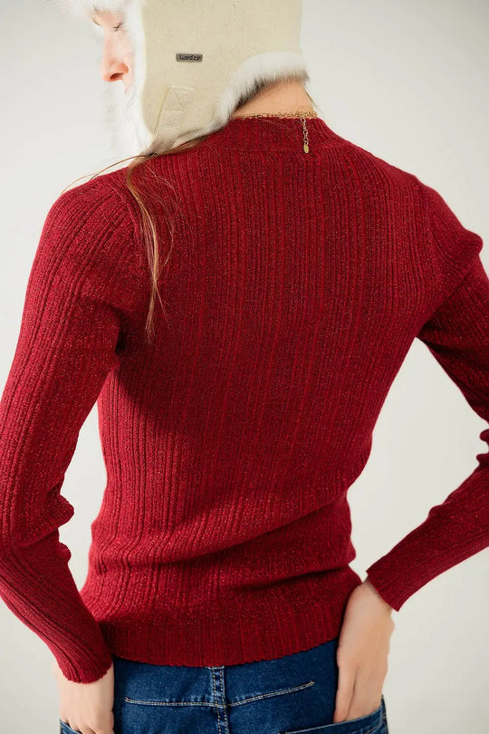 Fitted ribbed sweater in maroon with silver thread detail - Sweaters