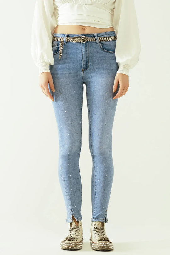 Five-pocket skinny jeans in stretch denim with strass detail all over - Jeans