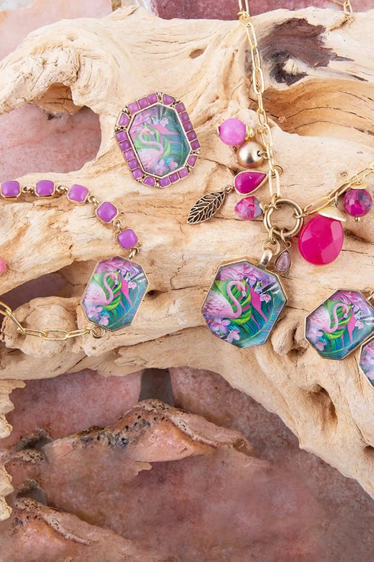 Flamingo Pink Agate Golden Pendant Necklace - Necklaces