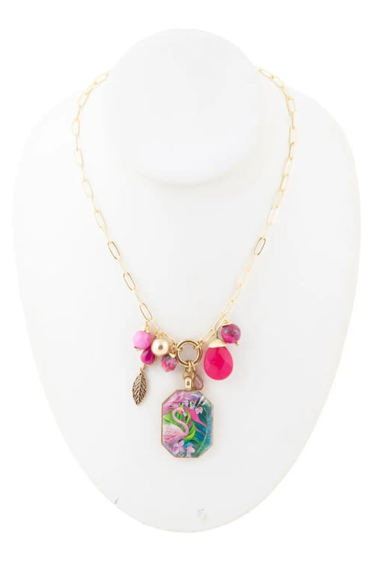 Flamingo Pink Agate Golden Pendant Necklace - Necklaces