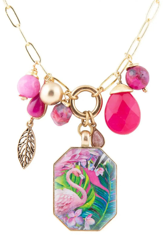 Flamingo Pink Agate Golden Pendant Necklace - Necklaces