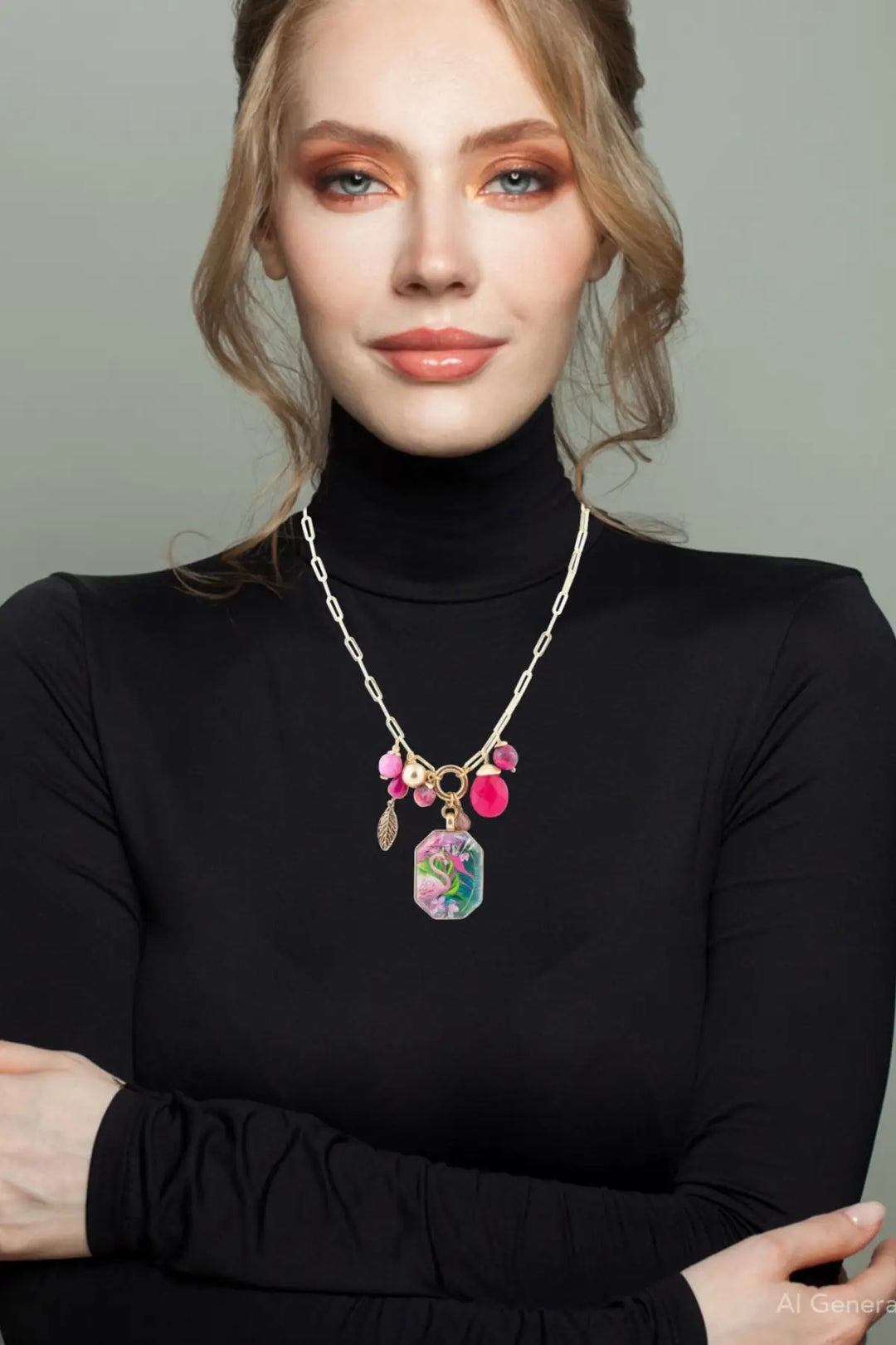 Flamingo Pink Agate Golden Pendant Necklace - Necklaces