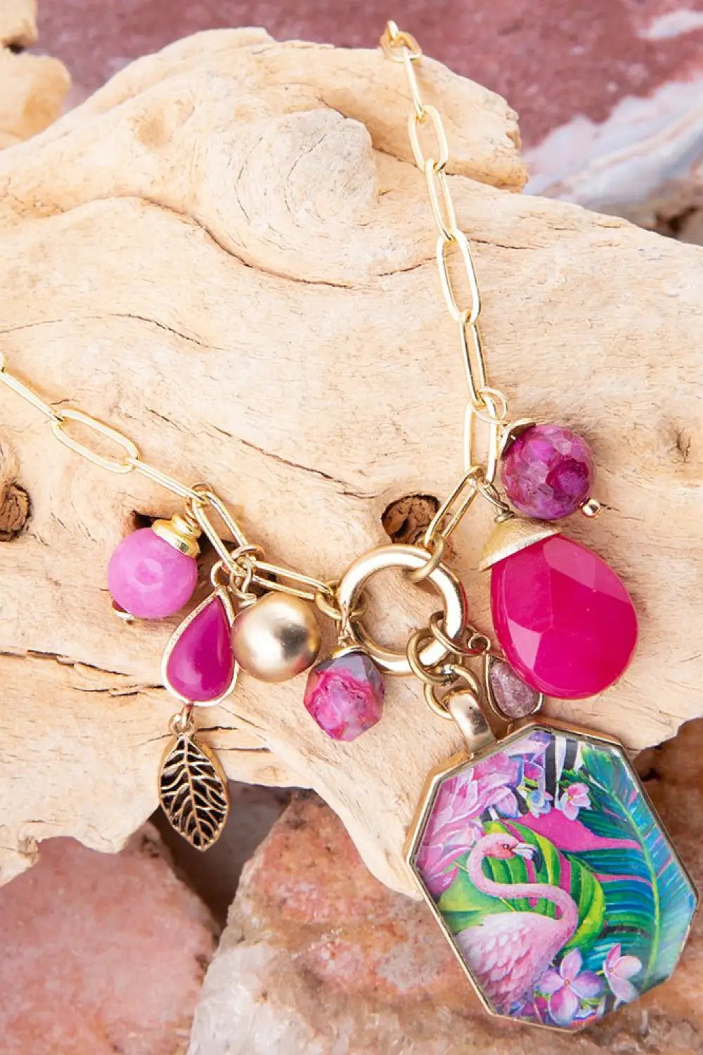 Flamingo Pink Agate Golden Pendant Necklace - Necklaces