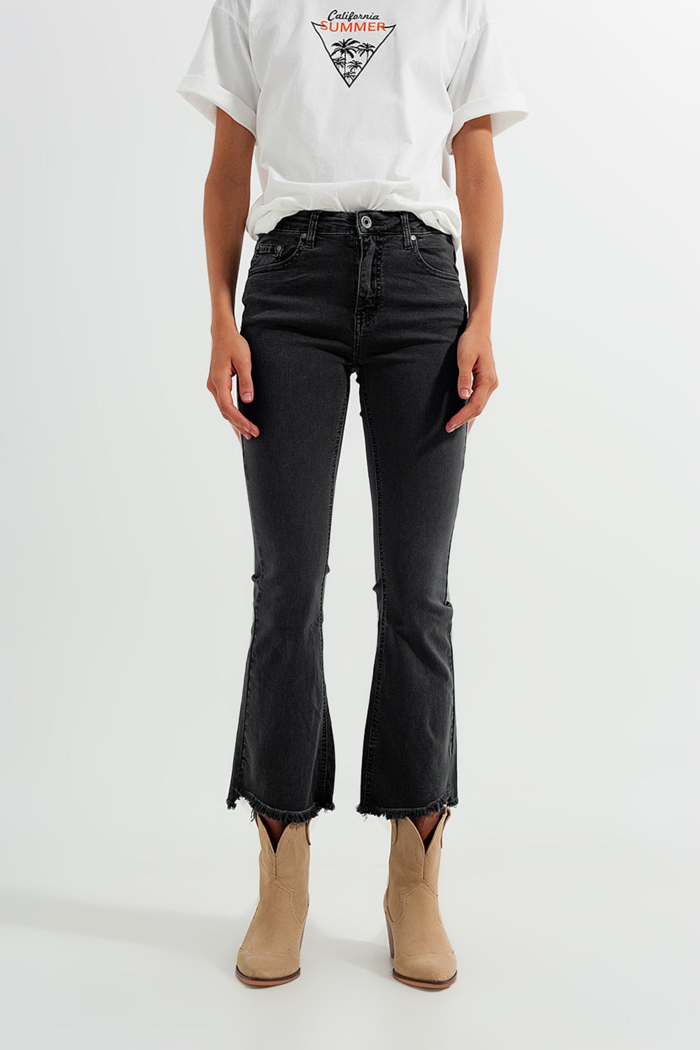 Flare jeans in dark grey with asymmetric detail