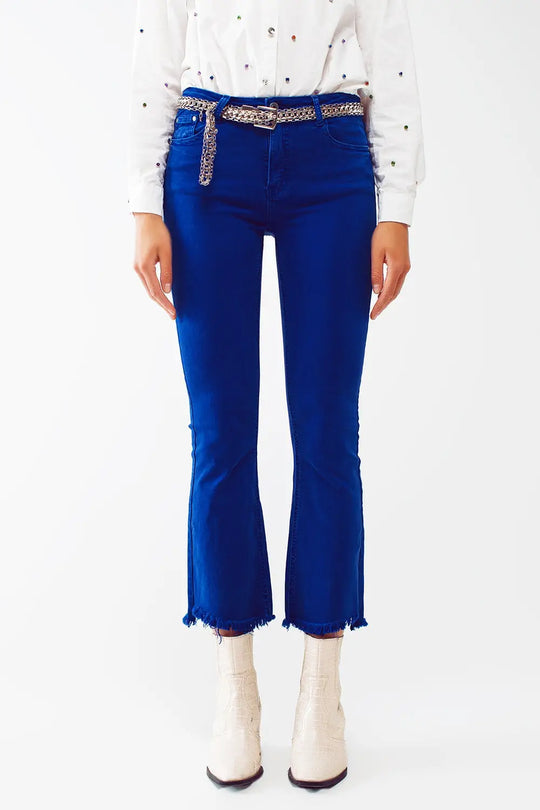 Q2 Flare jeans with raw hem edge in blue