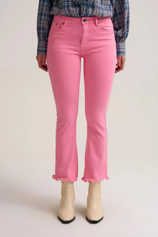 Q2 Flare jeans with raw hem edge in bubblegum pink
