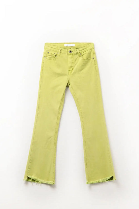 Q2 Flare jeans with raw hem edge in lime color
