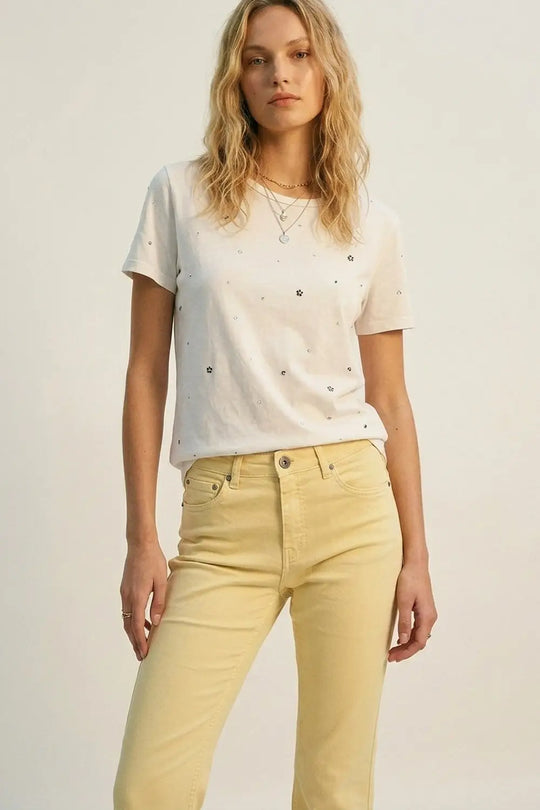 Flare jeans with raw hem edge in yellow color - Jeans