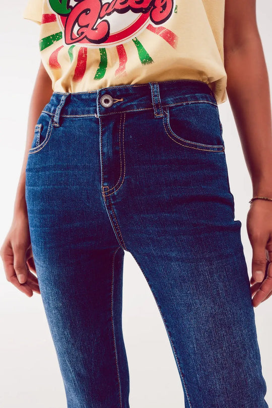 Flare straight leg jeans with raw hem edge in deep blue - Jeans