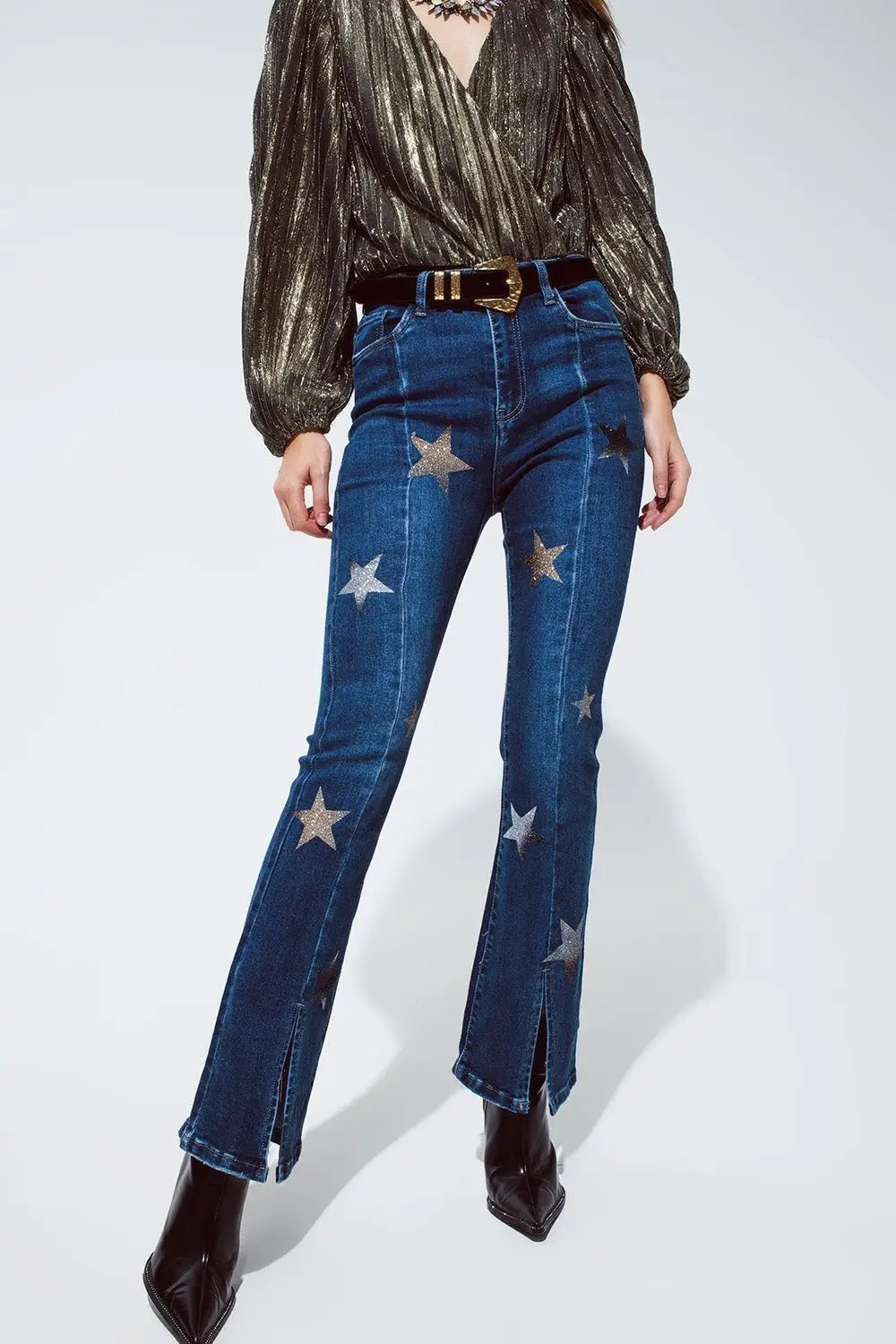 Flared Jeans with Shiny Stars Detail in Blue - Jeans