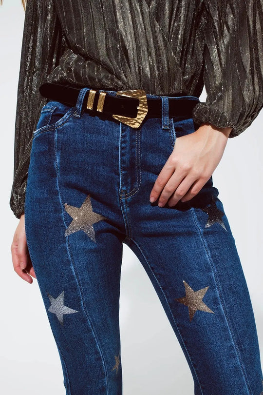 Flared Jeans with Shiny Stars Detail in Blue - Jeans