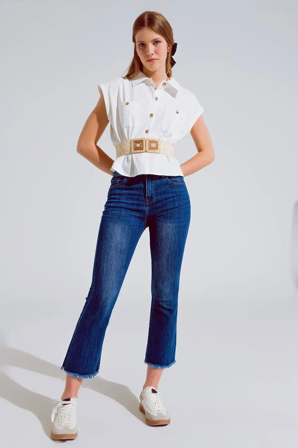 Flared Skinny Jeans With Raw Hem Edge In Mid Wash - Jeans