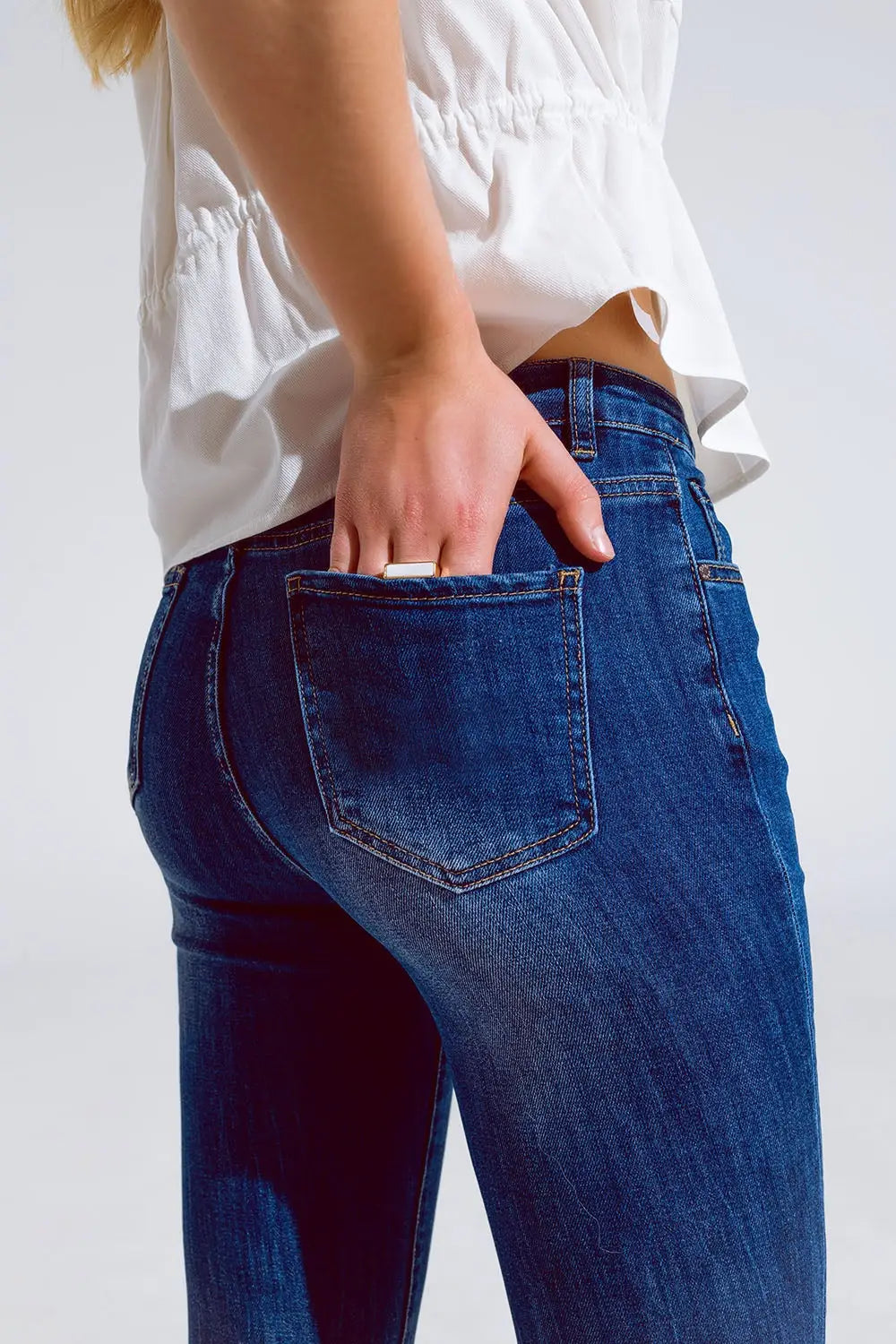 Flared Skinny Jeans With Raw Hem Edge In Mid Wash - Jeans
