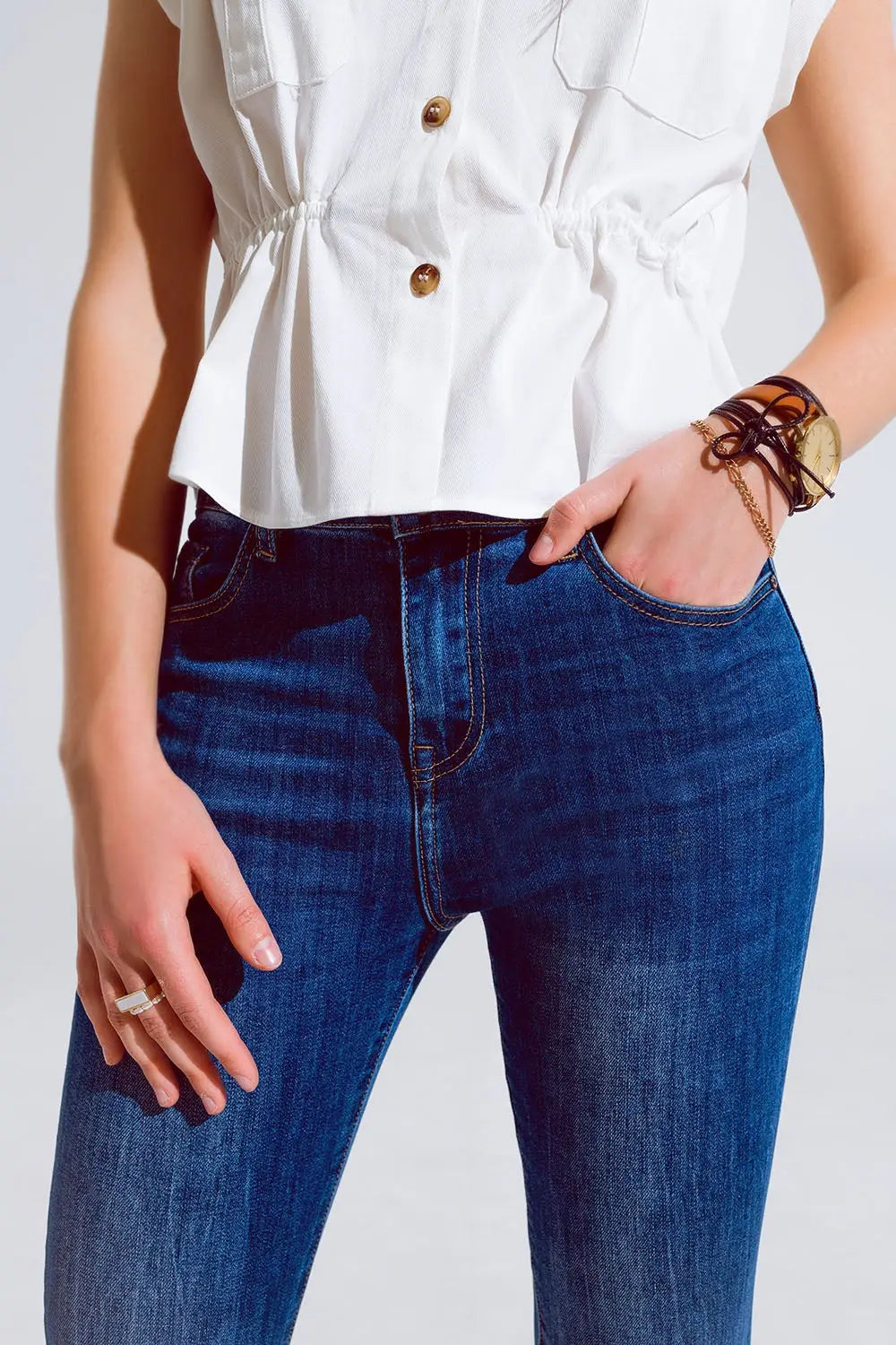 Flared Skinny Jeans With Raw Hem Edge In Mid Wash - Jeans