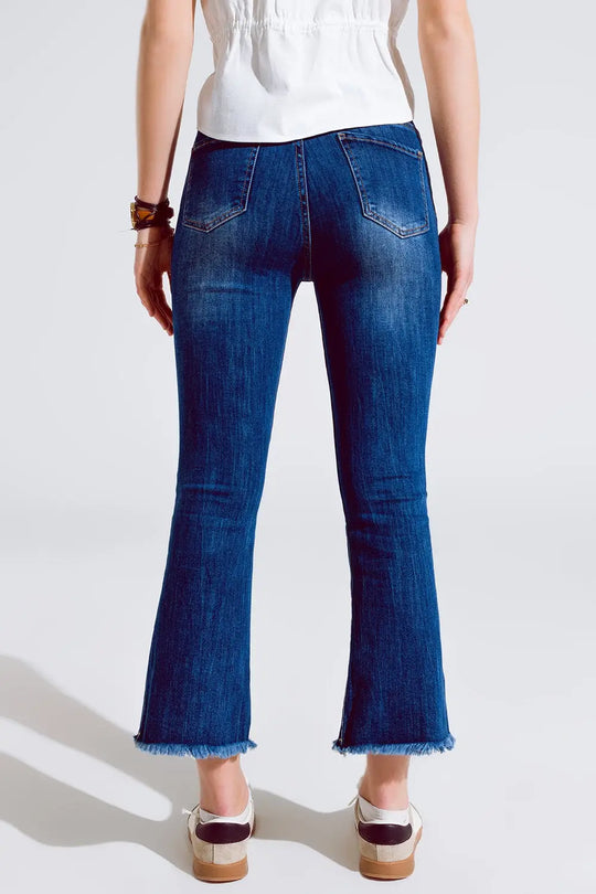 Flared Skinny Jeans With Raw Hem Edge In Mid Wash - Jeans