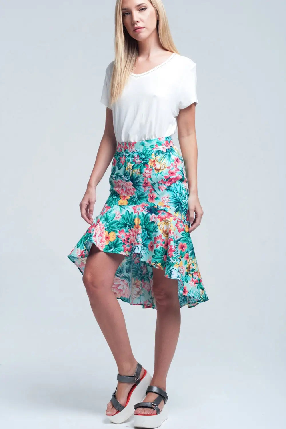 Floral asymmetrical green skirt - Skirts