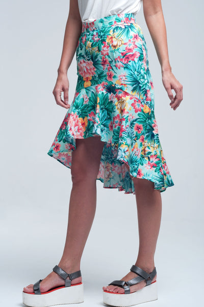 Floral asymmetrical green skirt