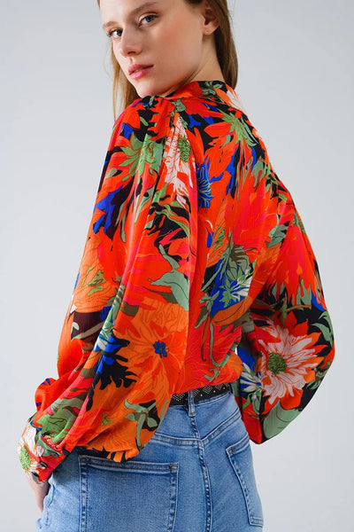 Floral Balloon Sleeves chiffon Shirt in Black - Shirts