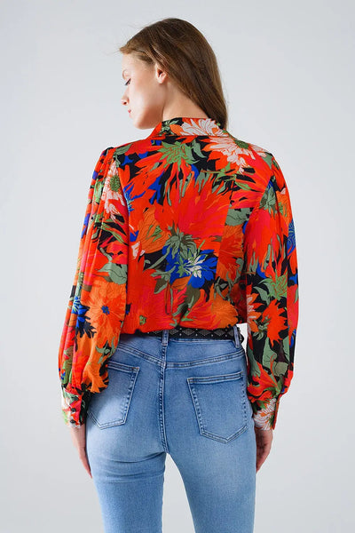 Floral Balloon Sleeves chiffon Shirt in Black - Shirts