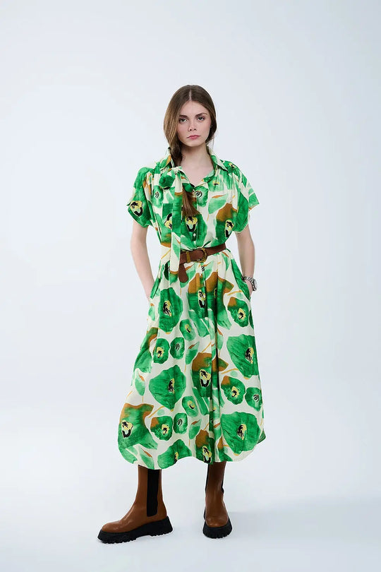 Floral Bliss Dress in Green and Warm Hues - Dresses