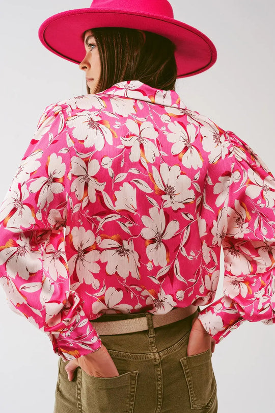 Floral chiffon Blouse with Volume Sleeves in Pink - Shirts