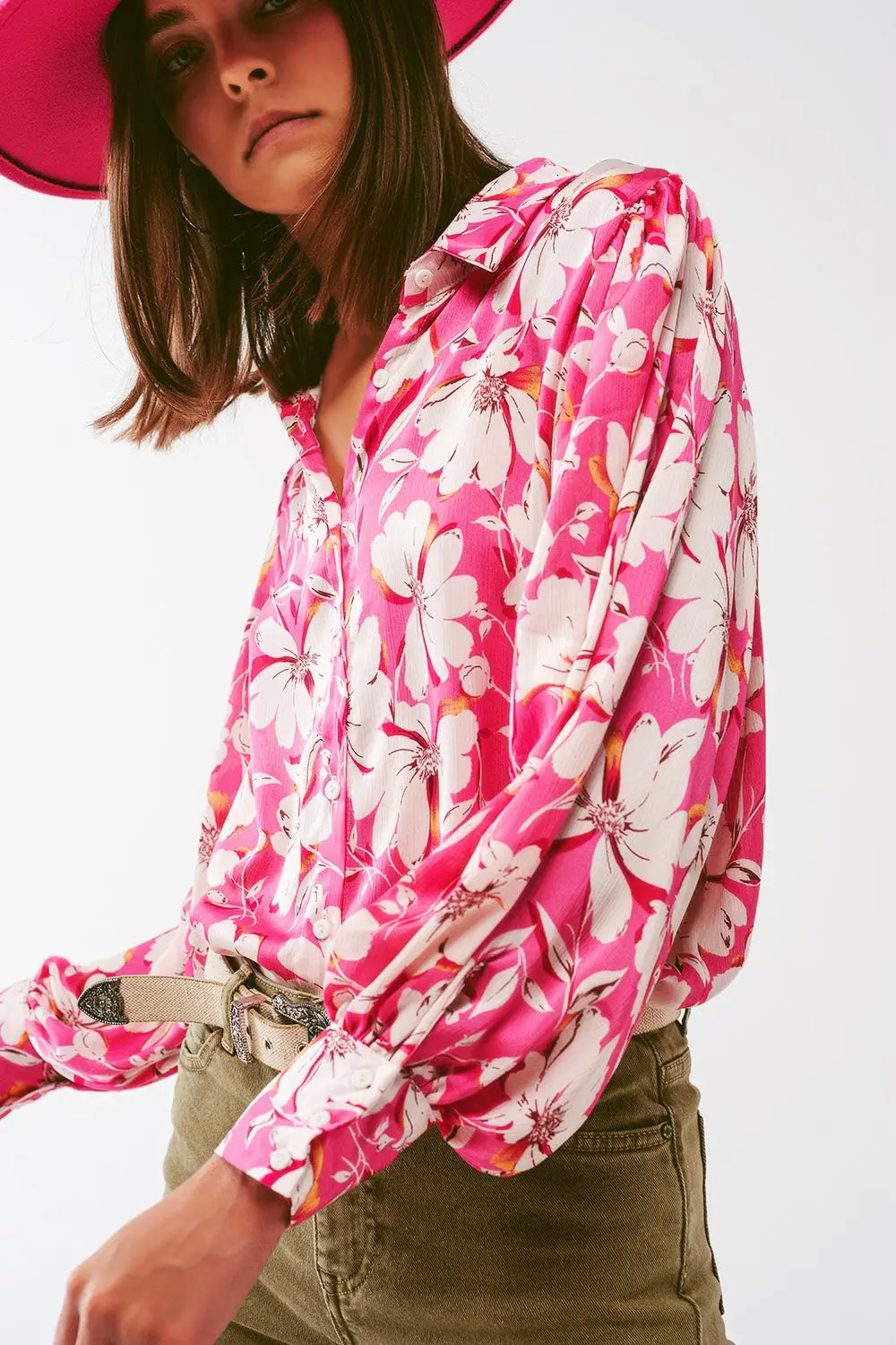 Floral chiffon Blouse with Volume Sleeves in Pink - Shirts