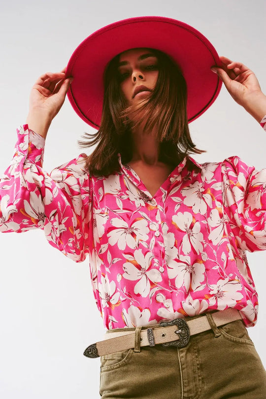 Floral chiffon Blouse with Volume Sleeves in Pink - Shirts