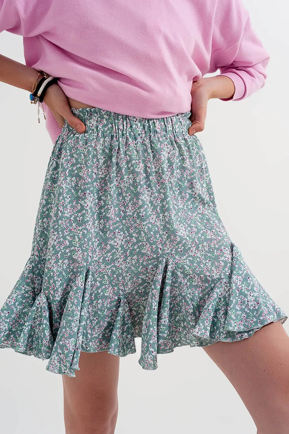 Floral flounce co-ord mini skirt in green - Skirts