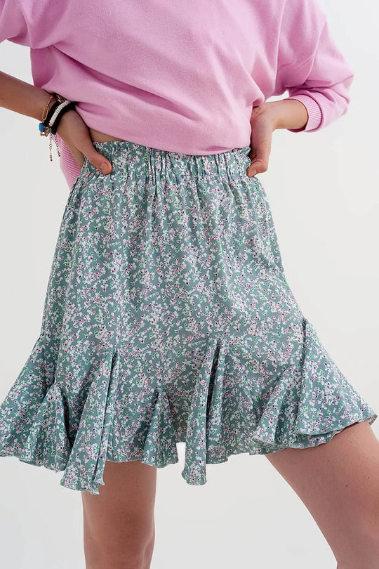 Floral flounce co-ord mini skirt in green - Skirts