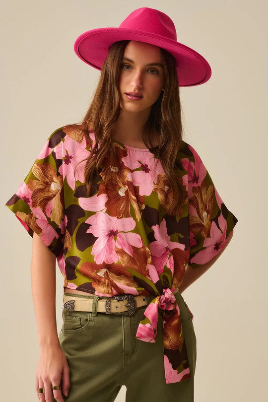 Floral Knot Top With Green Background in satin fabric - Tops