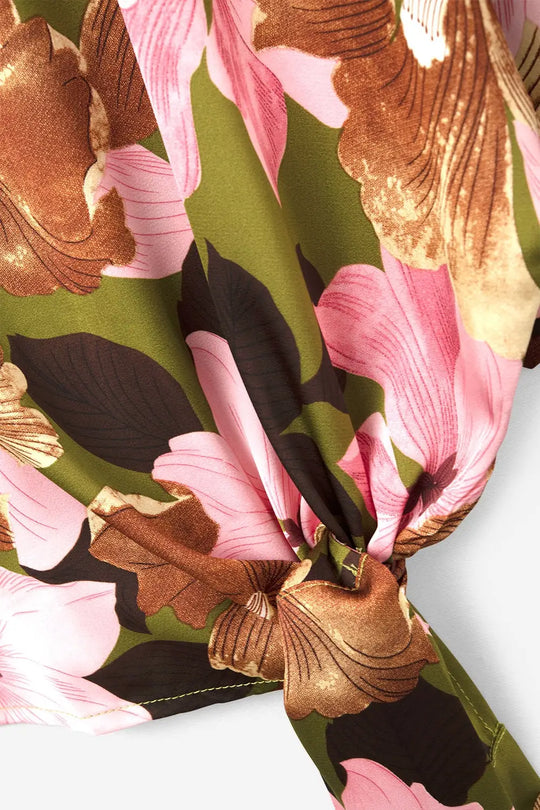 Floral Knot Top With Green Background in satin fabric - Tops