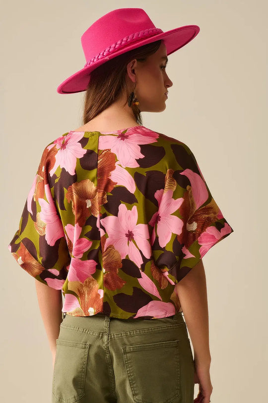 Floral Knot Top With Green Background in satin fabric - Tops