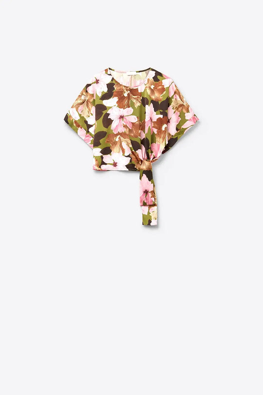 Floral Knot Top With Green Background in satin fabric - Tops