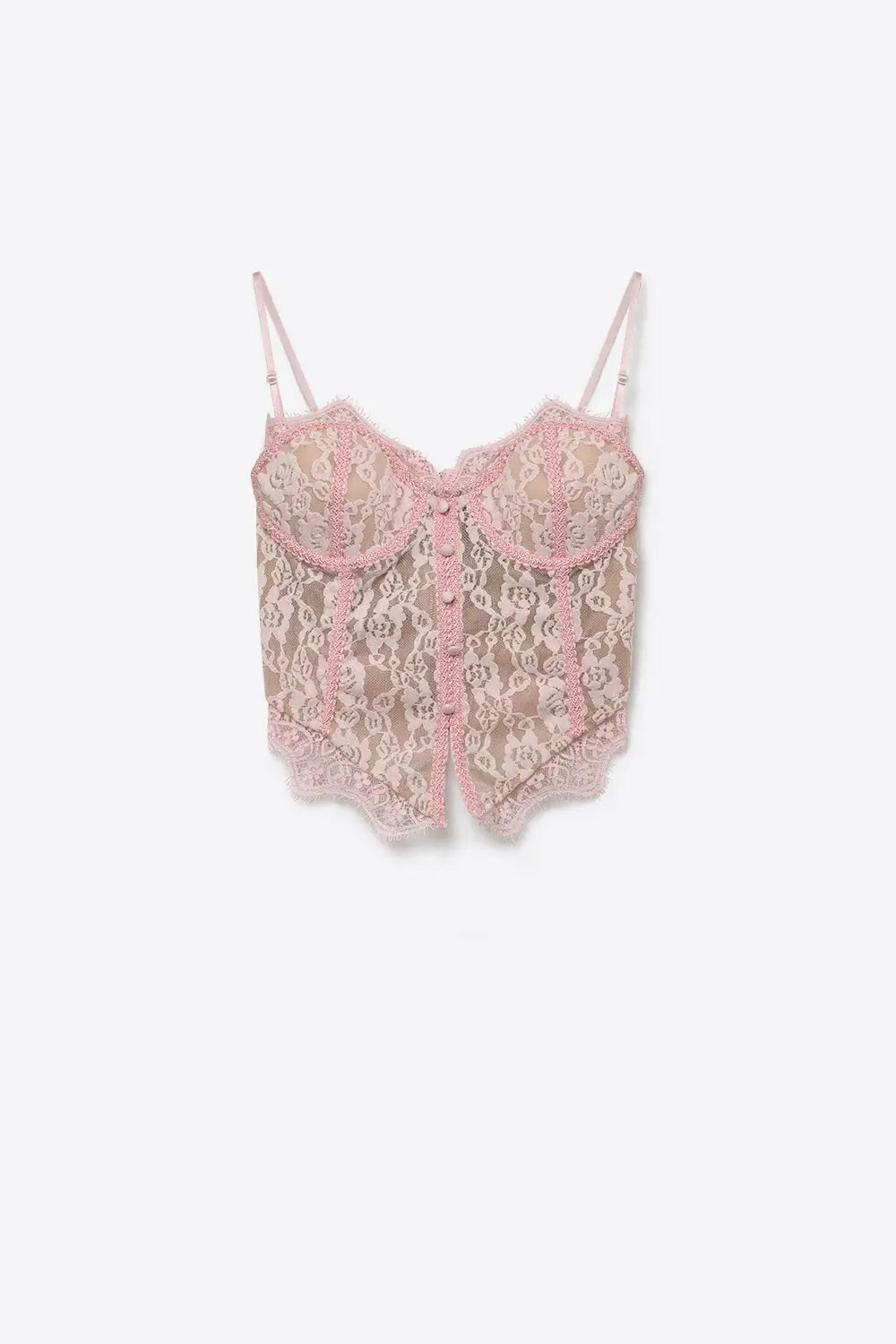 Floral Lace Sheer Button Detail Cropped Bustier Top in Light Pink - Tops