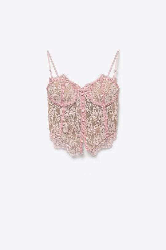 Floral Lace Sheer Button Detail Cropped Bustier Top in Light Pink - Tops