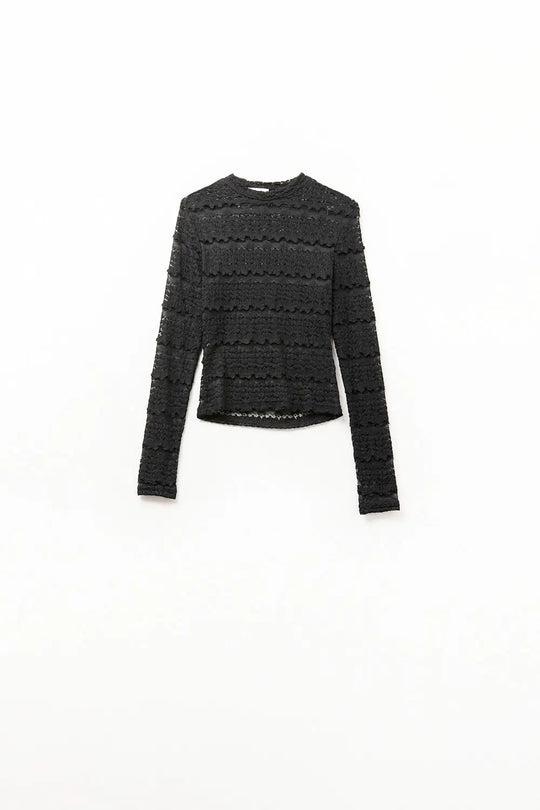 Q2 Floral Lace Top With Crew Nech in Black