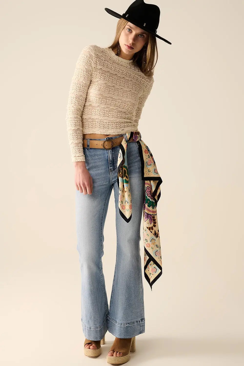 Floral Lace Top With Crew Neck in Cream - Tops