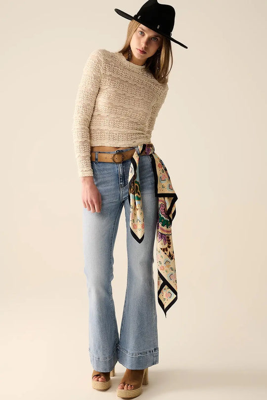 Floral Lace Top With Crew Neck in Cream - Tops