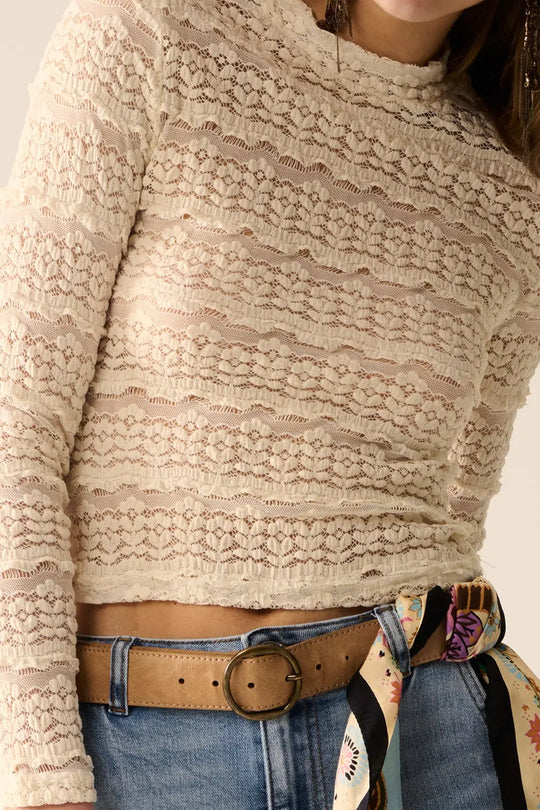 Floral Lace Top With Crew Neck in Cream - Tops