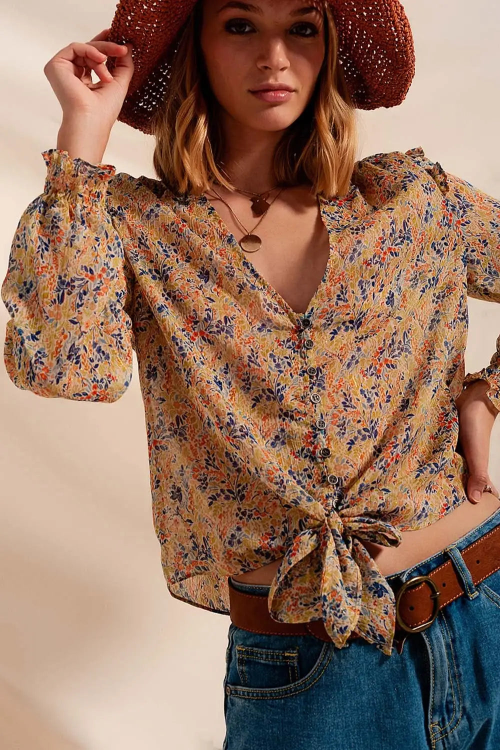 Floral metallic ruffle blouse in green - Shirts