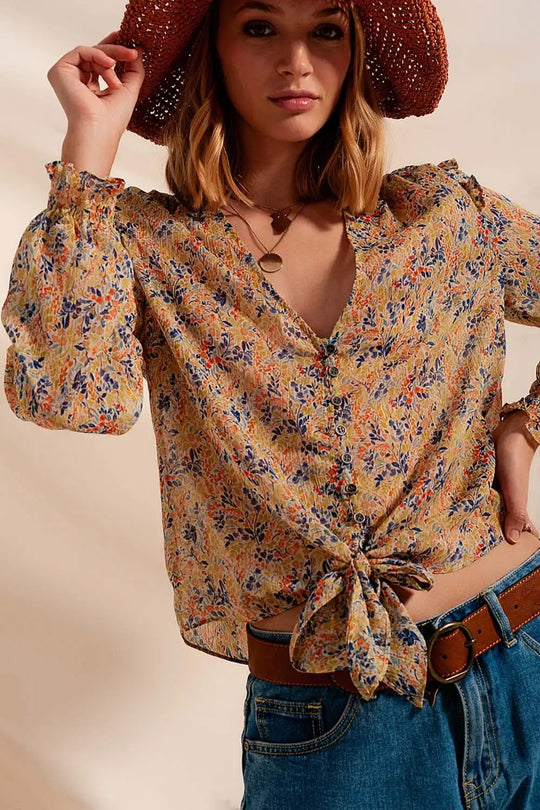 Floral metallic ruffle blouse in green - Shirts