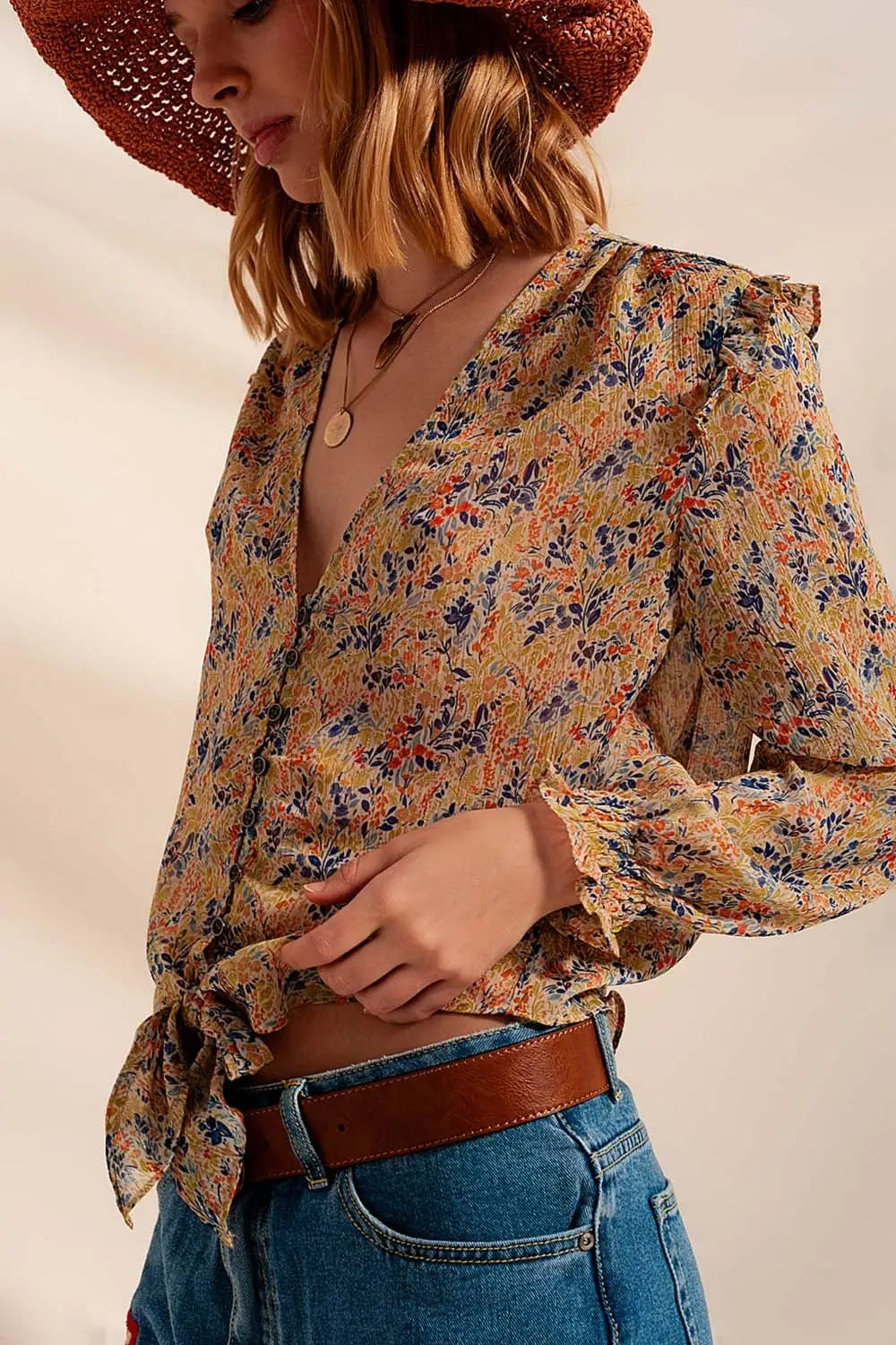 Floral metallic ruffle blouse in green - Shirts